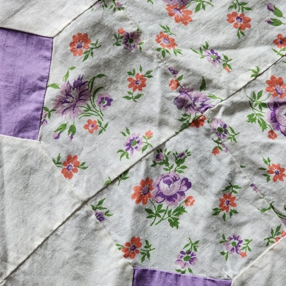 VINTAGE Handmade Patchwork Quilt Top Unfinished Purple Bow Tie Floral 38x92